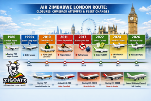 Infographic showing Air Zimbabwe’s history, timeline of Harare–London flight suspensions and planned relaunch, fleet changes, and the impact of legacy debts and legal risks on international operations. Zigoats.com
