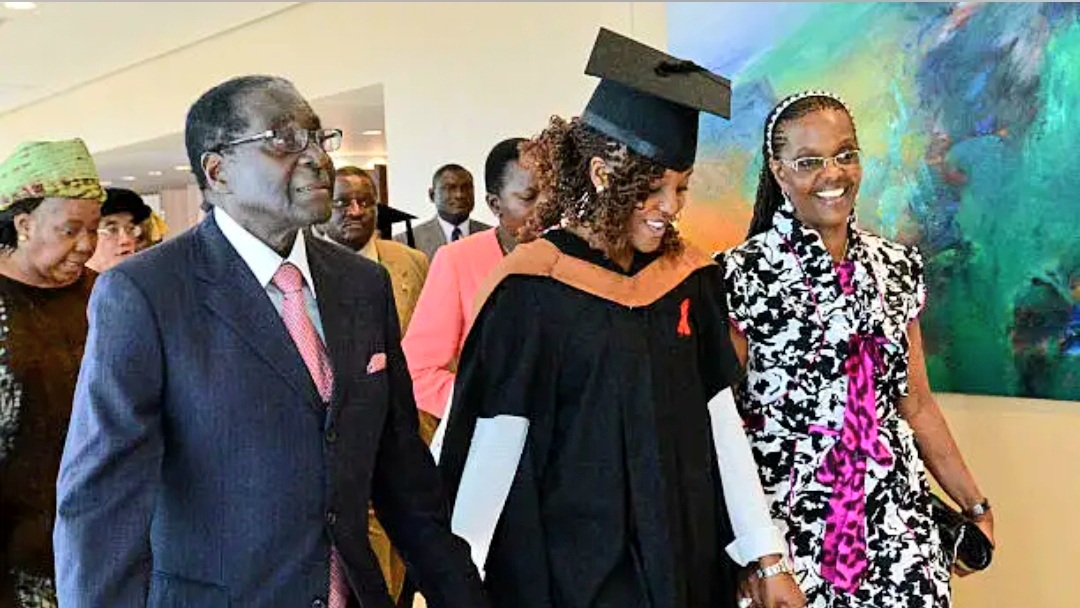 Robert Mugabe, Bona Mugabe, Grace Mugabe attending Bona's graduation in Singapore on November 16, 2013. Bona Mugabe received her Master of Science in Management (Specialising in Banking and Finance) degree at the 11th MDIS-University of Wales Graduation Ceremony at Raffles City Convention Centre.