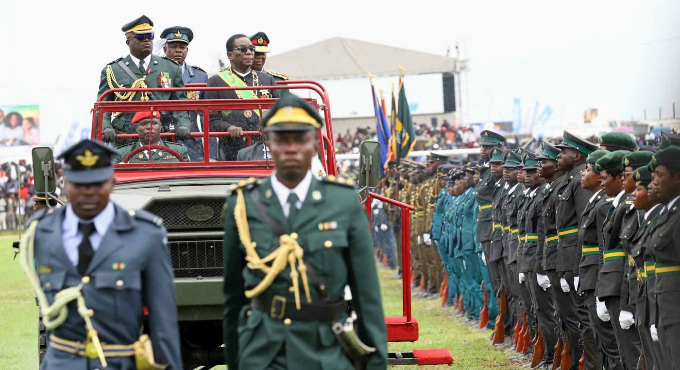 President Emmerson Mnangagwa inspecting Zimbabwe National Army parade, walking past soldiers in uniform during a ceremonial event