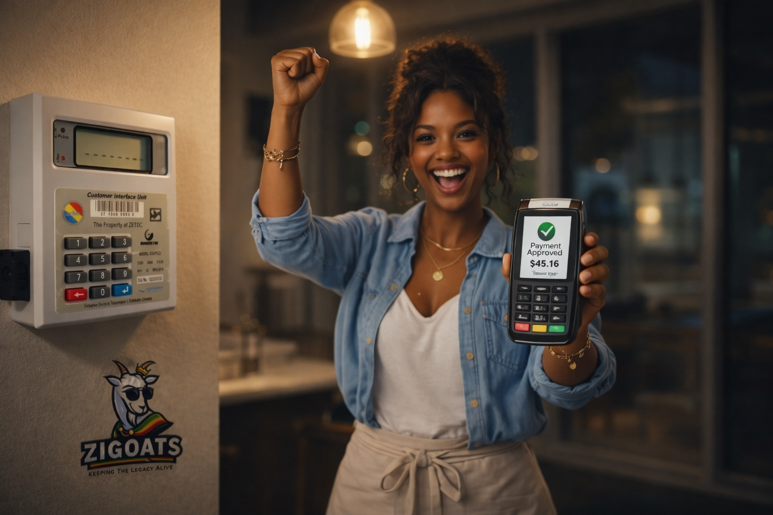 Woman holding a POS machine after successfully purchasing an electricity token, standing in a room in the evening with the light bulb switched on and a prepaid electricity meter visible on the wall