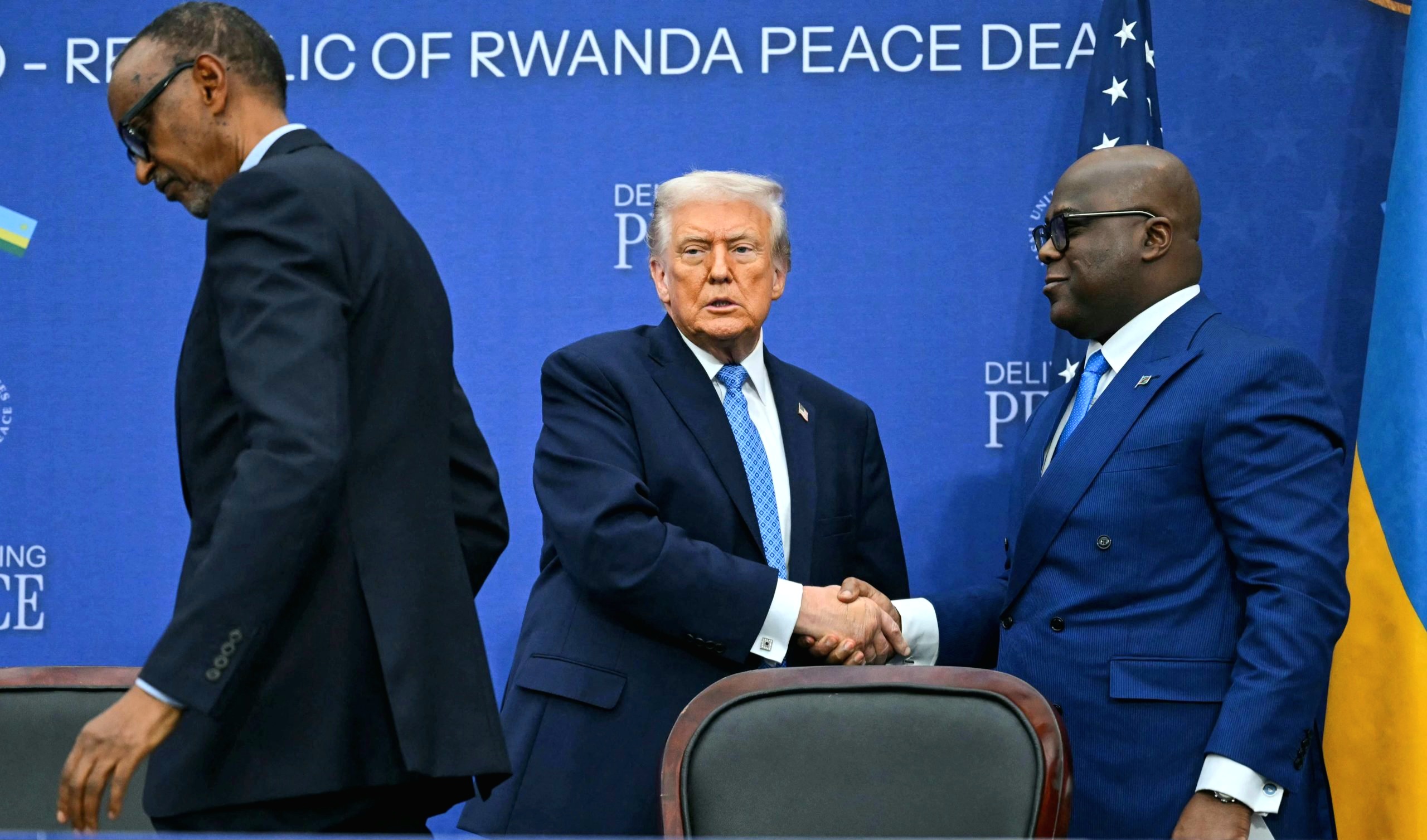 US President Donald Trump with Democratic Republic of Congo President Félix Tshisekedi and Rwanda President Paul Kagame during the signing ceremony of a peace deal on 4 December 2025
