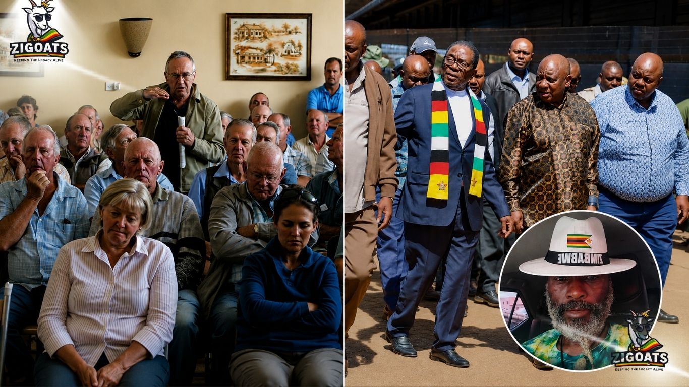 On one frame, white farmers in Zimbabwe. On the other, Cyril Ramaphosa the South African president with Zimbabwean president Emmerson Mnangagwa and Wicknell Chivayo during his visit to Zimbabwe. Joshua Maponga commentary.