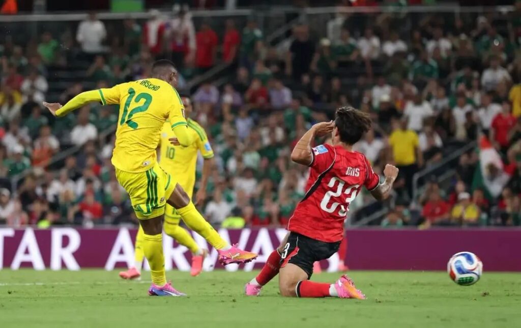 Thapelo Maseko shoots at goal for Bafana Bafana against South Korea at the 2026 FIFA World Cup