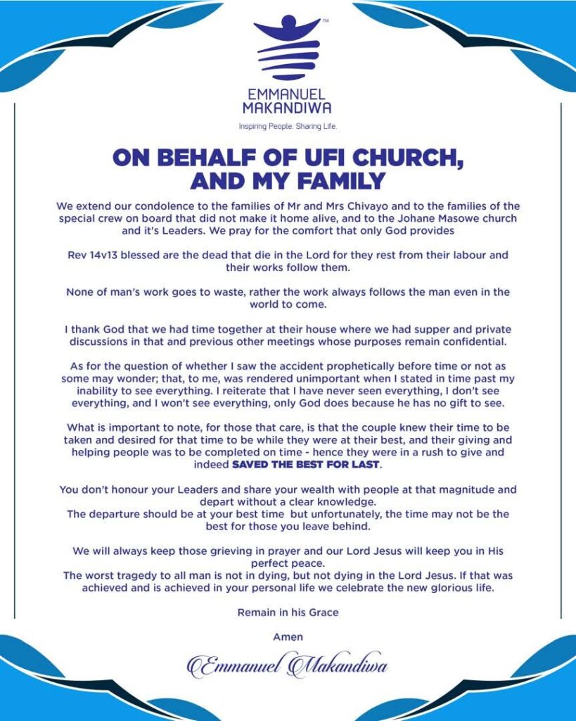 UFIC leader Emmanuel Makandiwa statement on deaths of Wicknell Chivayo, Lucy Muteke